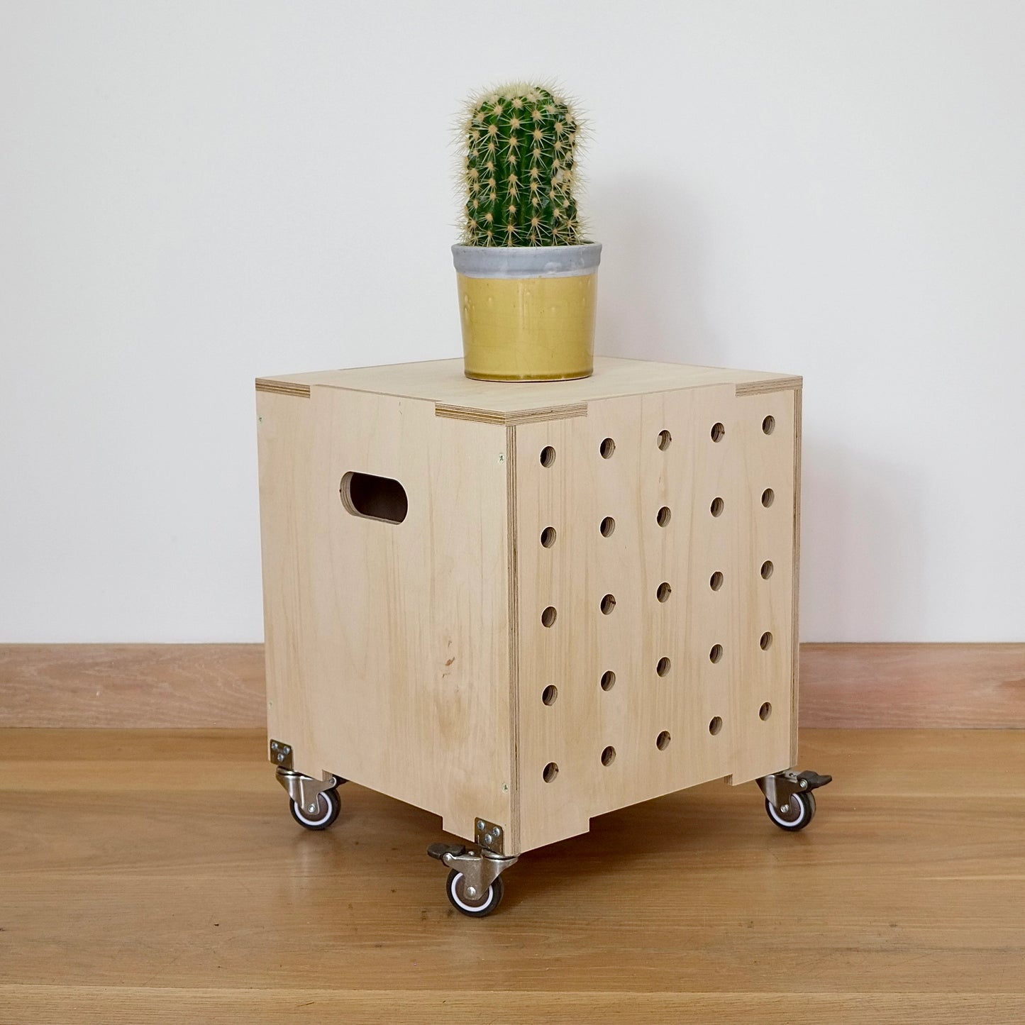 A modern pale plywood square shaped storage crate, faces diagonally to the right and sits on a wooden floor. There are five rows of holes cut in the front facet, it has castors and a lid with cactus on top.