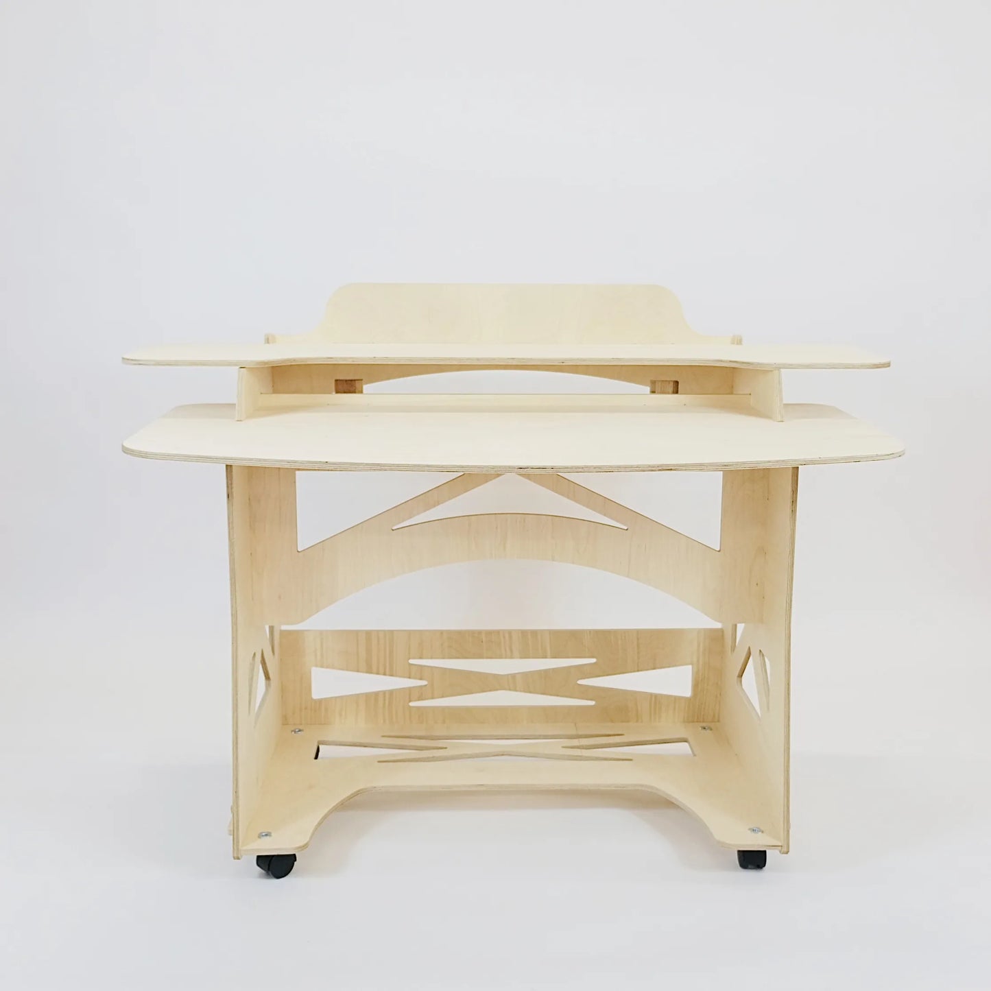  A pale wooden desk sits facing front on. Showing castors, and two desk top levels.
