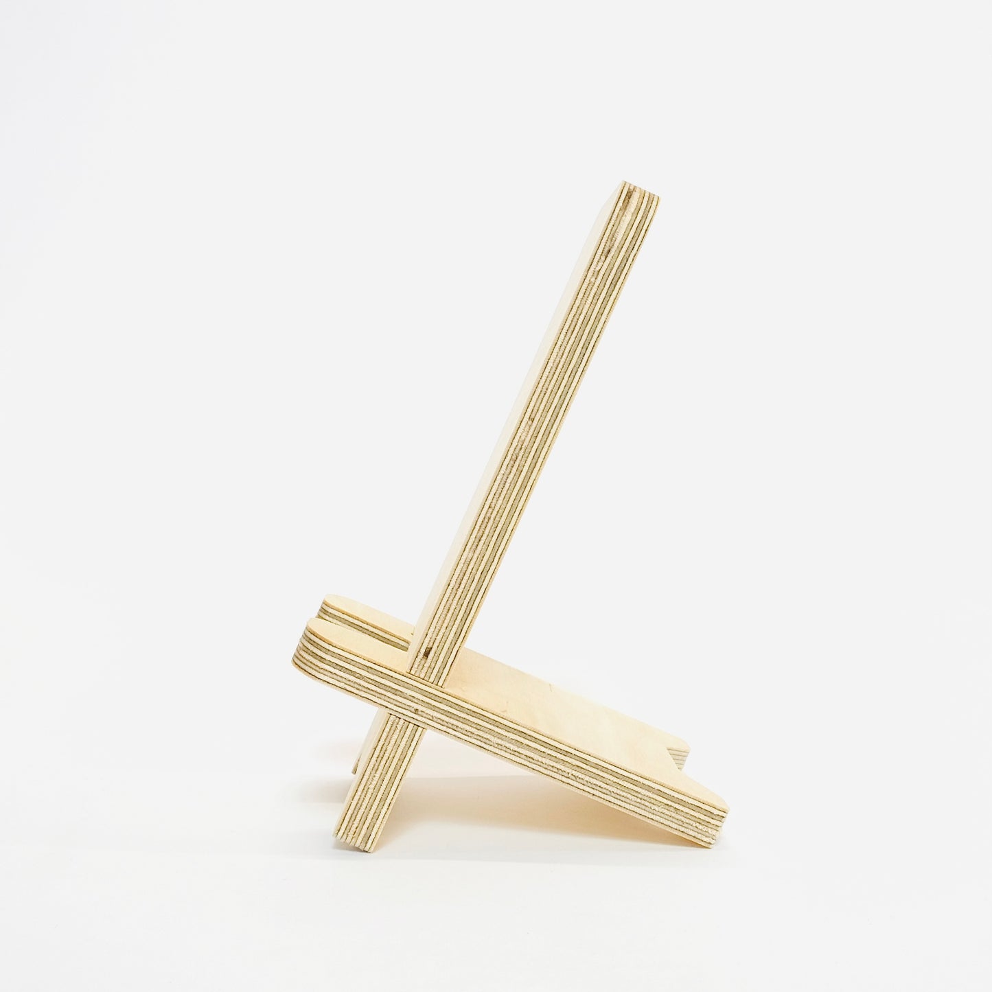 Side shot of pale birch plywood phone stand